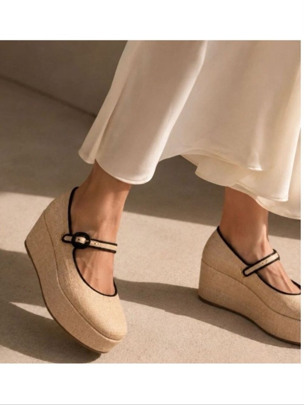 Larroude Blair Mary Jane Flatform Wedge Size 9 Beige Raffia Black NEW $330